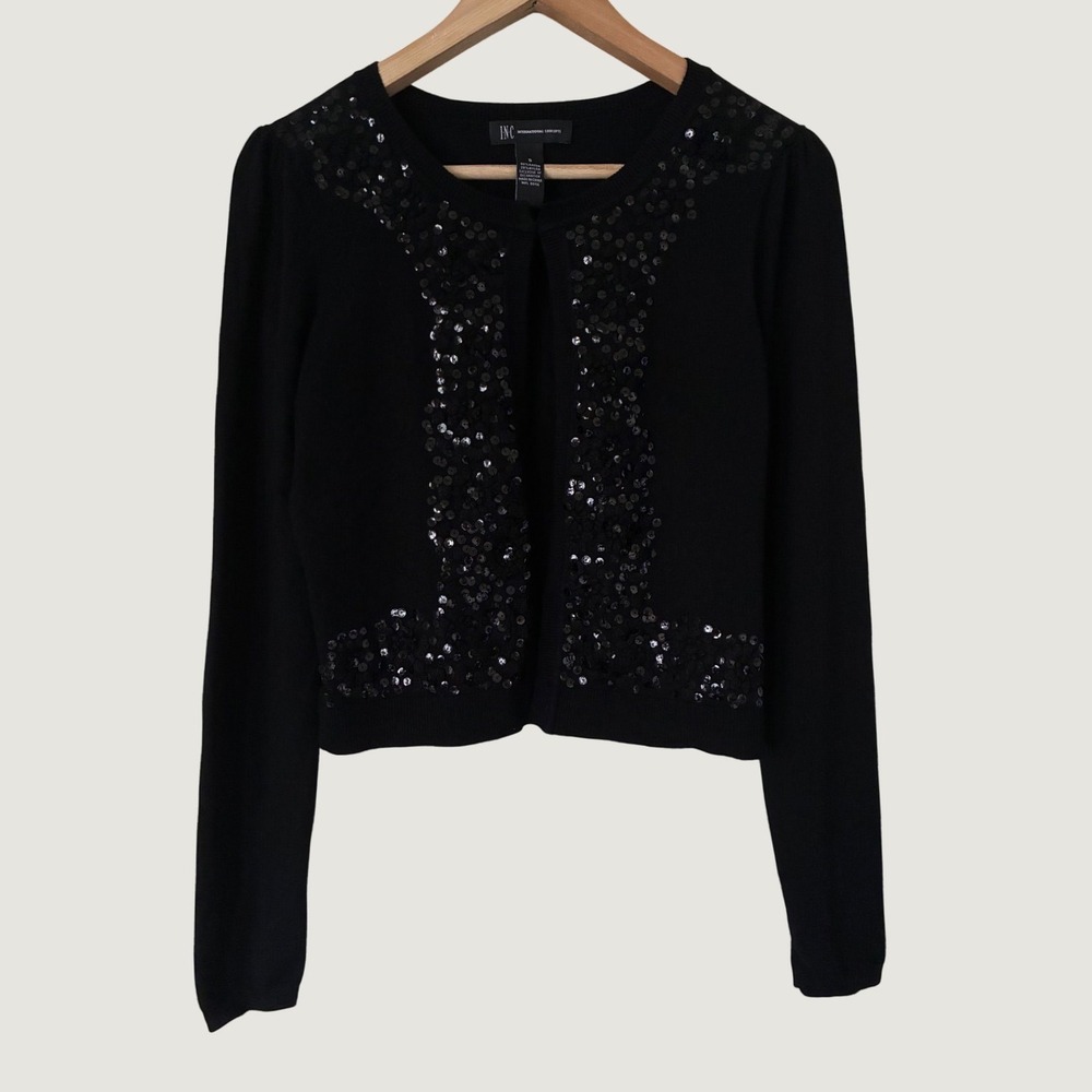 INC International Concepts Black Sequin Cropped Cardigan Sweater Small Grunge